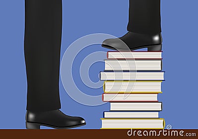 A man takes leadership by going up on a pile of books, symbol of instruction Stock Photo