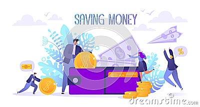 Concept of landing page on business and finance, saving money theme. Career, salary, earnings profit. Flat characters collecting m Vector Illustration