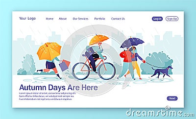 Concept of landing page with flat people characters walking under umbrella on autumn rainy day. Vector Illustration