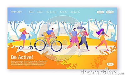 Concept of landing page on healthy lifestyle theme. Active people sports. Happy characters riding bicycle, couplerunning, woman on Vector Illustration