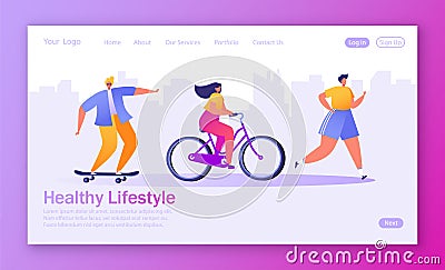 Concept of landing page on healthy lifestyle theme. Active people sports. Vector Illustration