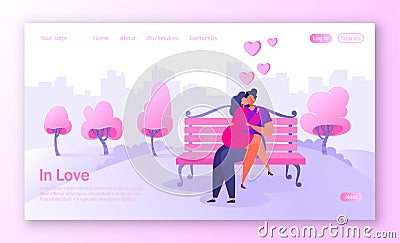 Concept of landing page on love story theme. Happy flat people character sitting on the bench, embrace and kiss. Vector Illustration