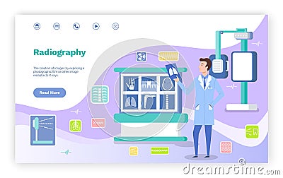 Concept of landing page medical website, radiography concept, computer tomography, doctor with scan Vector Illustration