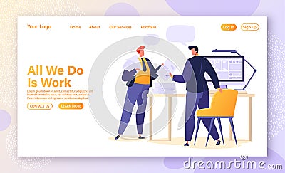 Concept of landing page, website, template for web design with vector illustration in flat cartoon style on the topic of office wo Vector Illustration