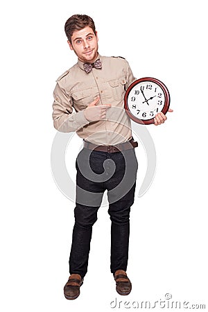 Concept for lateness, man with clock Stock Photo