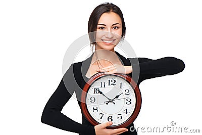 Concept for lateness, woman with clock Stock Photo