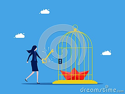 concept of leadership and confinement. Businesswoman unlocks paper boat in cage Vector Illustration