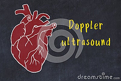 Concept of learning cardiovascular system. Chalk drawing of human heart and inscription Doppler ultrasound Stock Photo