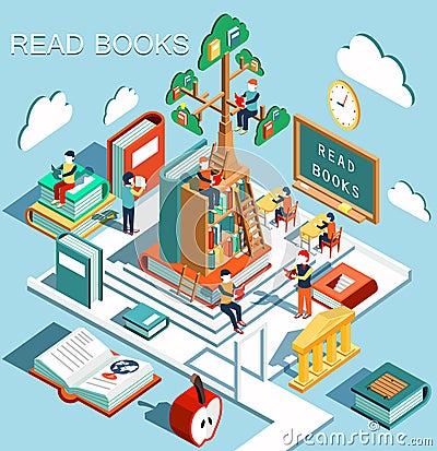 The concept of learning, read books in the library, tree of knowledge, isometric flat design vector Vector Illustration