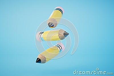 the concept of learning to draw. simple pencils flying over a turquoise background. 3D render Stock Photo