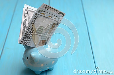 The concept of lending. Money, calculator, piggy bank. Stock Photo