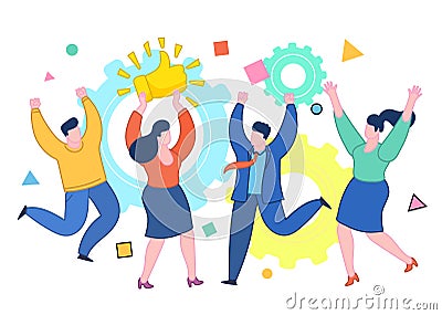 Concept of likes and positive feedback. Happy woman with prize Thumbs up sign. Vector Illustration