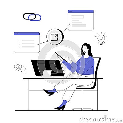 Concept of link building, SEO or search engine optimization, hyperlink. Woman with browser windows and external link. Vector Illustration