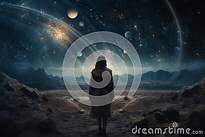 A lonely beautiful modern dressed woman standing in front of an impressive planet, scifi galaxy themed, technology. Generative AI Stock Photo