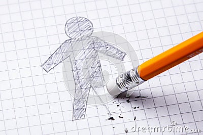 Concept. Loss of leg, amputation. Drawing with pencil of man with an erased leg Stock Photo