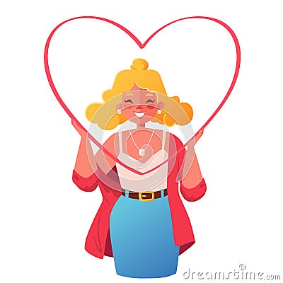 Happy girl holding a big heart in her hands. Vector Illustration