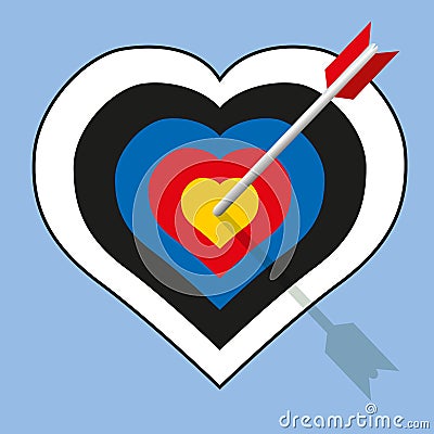 An arrow pierces a heart-shaped target show Stock Photo