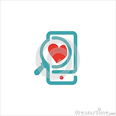 Concept of love and loupe glass on smartphone vector icon. Vector Illustration