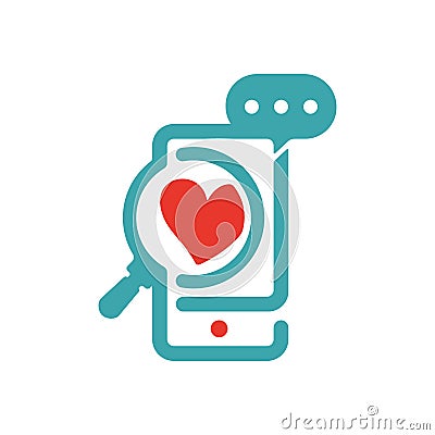 Concept of love and loupe glass on smartphone vector icon. Vector Illustration