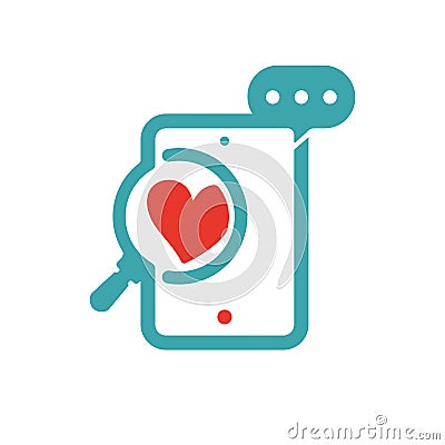 Concept of love and loupe glass on tablet vector icon. Vector Illustration