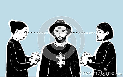 Concept of love triangle, difficult choice. Young guy and two girls with puzzle piece. Vector hand drawn illustration on Vector Illustration