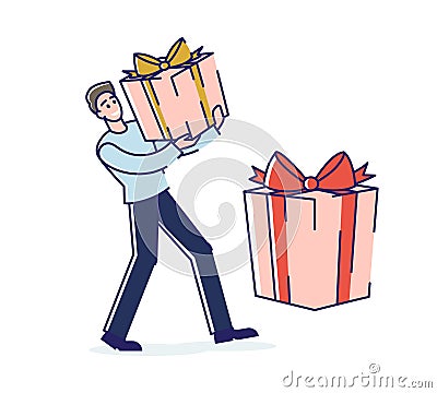 Concept Of Loyalty Program, Discount, Customer Service. Happy Man Make Shopping On Sale Using Discount Vector Illustration