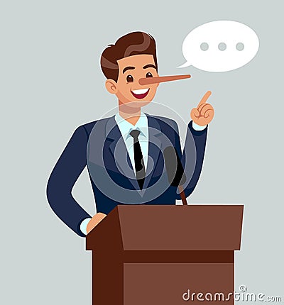 Concept of lying politician who lies from rostrum. Man in suit with huge nose, pinocchio metaphor. Fake news. Conference Vector Illustration