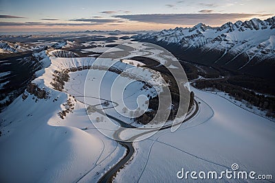 Majestic Snowy Mountains Aerial Serenity at Sunset.AI Generated Stock Photo