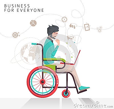 Concept of man with disabilities working with notebook. Vector Illustration