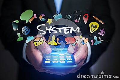 Concept of man holding smartphone with system title and multimed Stock Photo