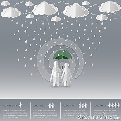 Concept of man holding umbrella with women on a rainy day,paper art and origami style Vector Illustration