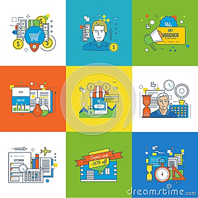 Concept of management and insurance, shopping and discounts, planning. Vector Illustration