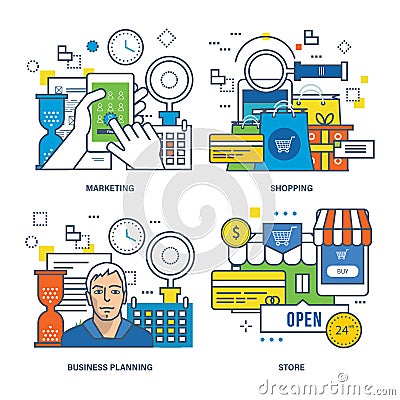 Concept of marketing, online shopping, business planning, store. Vector Illustration