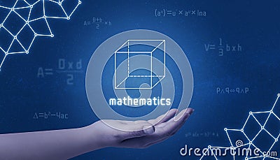 Concept of mathematics. Cube in hand surrounded by mathematical formulas Stock Photo
