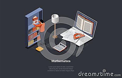 Concept Of Mathematics Study, Subject, Education And Science. Man Math Book With Number Of Pi Logo From Shelf Vector Illustration