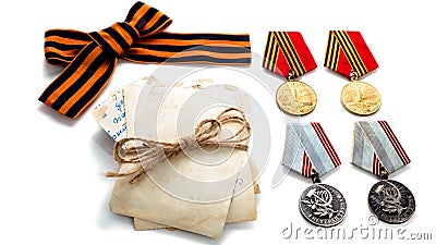 Concept May 9 St.Georges Ribbon medal award blade old photos. Victory Day. May 9. Stock Photo