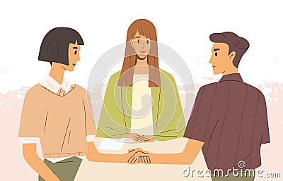 Concept of mediation. Man and woman sitting at desk, discussing problem, finding solution. Partners negotiation process Vector Illustration