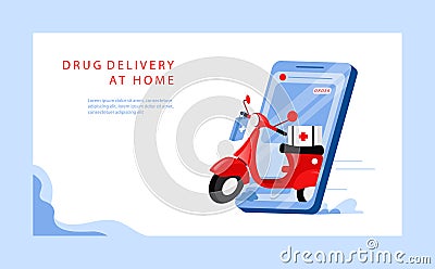 Concept Of Medicine Online Order And Delivery. Website Landing Page. Modern Motorbike With Box With Medicine On The Vector Illustration