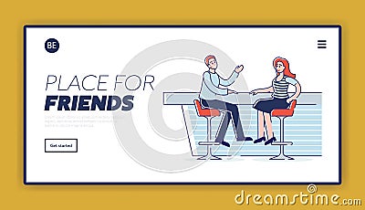 Concept Of Meetings In A Bar. Website Landing Page. People Are Having A Good Time, Communicating At A Bar Counter Vector Illustration