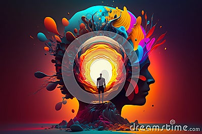 The concept of mental health, spiritual practices and meditations. Surrealistic orange and pink trendy illustration. Silhouette of Cartoon Illustration