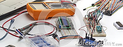 The concept of a microprocessor device assembled on a breadboard Stock Photo