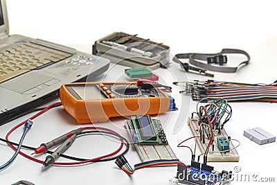 The concept of a microprocessor device assembled on a breadboard Stock Photo