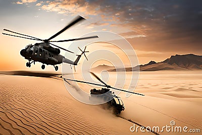 Military Choppers Or Helicopters Crosses Fire And Smoke In The Desert To Execute Military Landing Or Extraction, . Generative AI Stock Photo