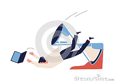 Concept of missing deadline, bad time management. Scene of failure, tired, exhausted man falls down with sandglass Vector Illustration