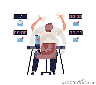 Concept of missing deadline, bad time management. Scene of tired, frustrated, furious, stressed man crumples papers Vector Illustration