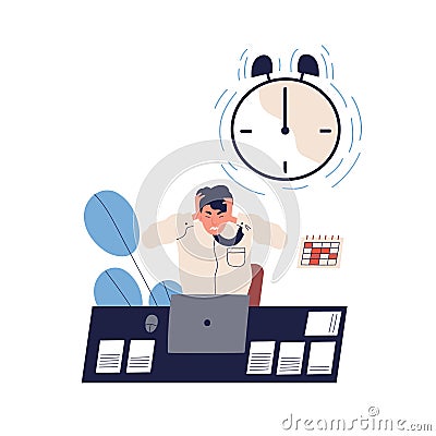Concept of missing deadline, bad time management. Scene of tired, furious, stressed man clutch head, alarming clock Vector Illustration