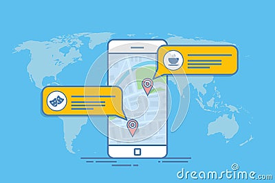 Concept of a mobile map or navigator. Pop-up dialog box with object description on the map. Thin line vector Vector Illustration