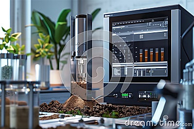 Concept of a modern device with AI for soil analysis. Computer diagnostics to help people. AI helps in the laboratory Stock Photo