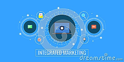 Integrated marketing, business connection, digital promotion and management concept. Flat design marketing vector banner. Vector Illustration