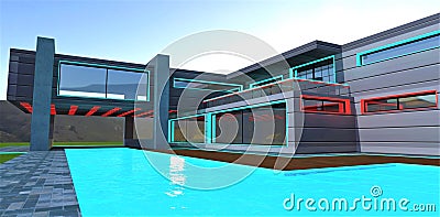 Concept of a modern luxury countryside residence for affluent clients. Daytime illumination of the metallic facade, expansive Stock Photo